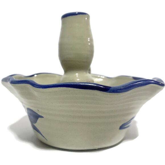 Williamsburg Pottery Finger Candle Holder Blue and Beige 5" Tall - Picture 4 of 12